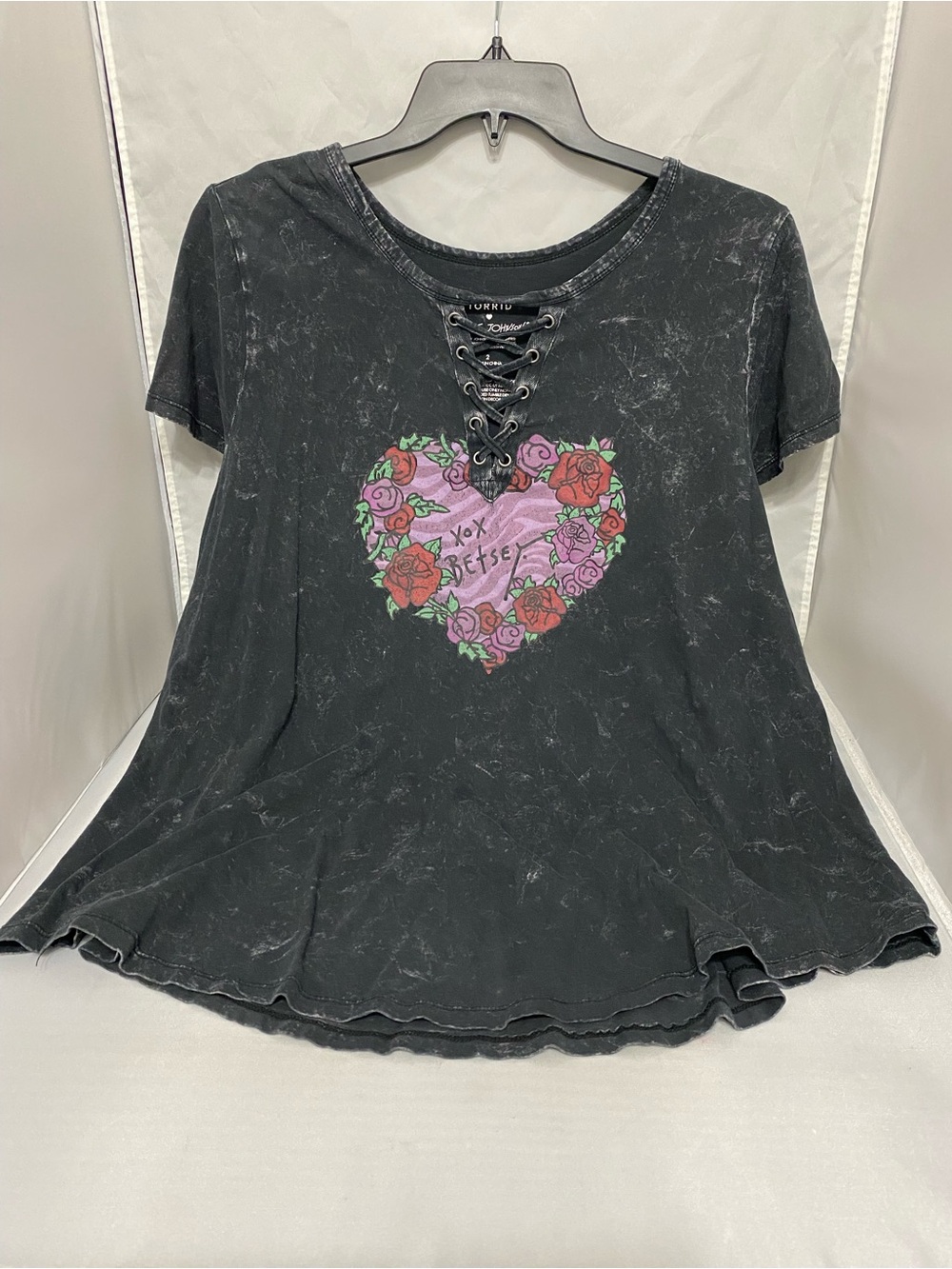 torrid Black Acid-Wash Lace-Up Heart Tee with Pink & Red Floral Graphic